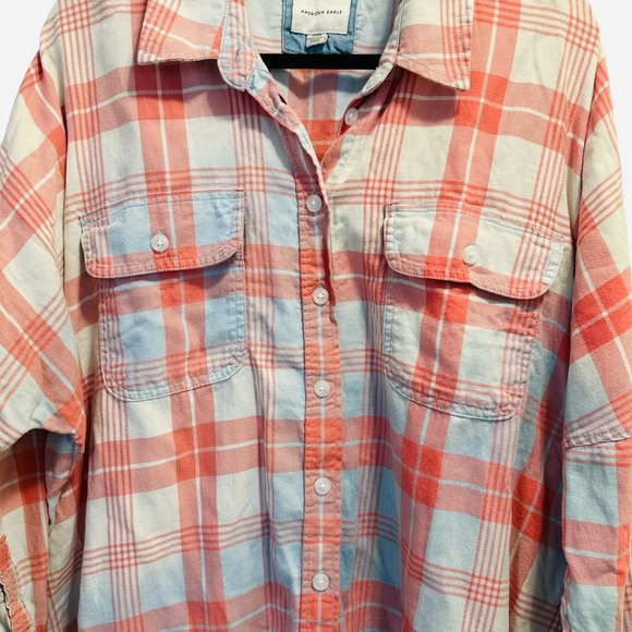 American Eagle Go Big Beach flannel oversized button up shirt in pink and blue M - Picture 8 of 15